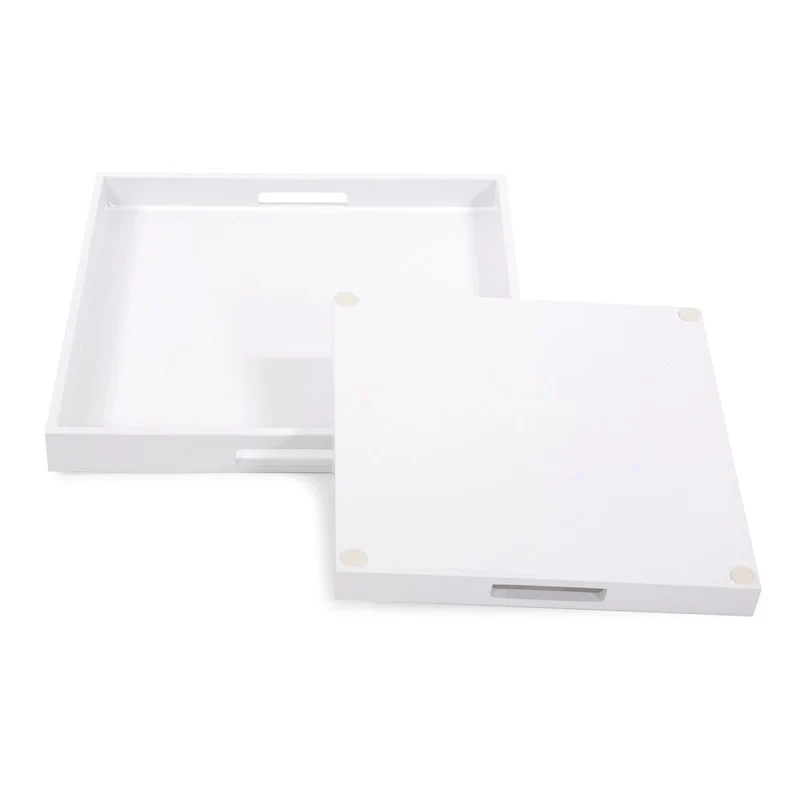 Allan Andrews White Lacquer Square Wood Tray Set with Handles