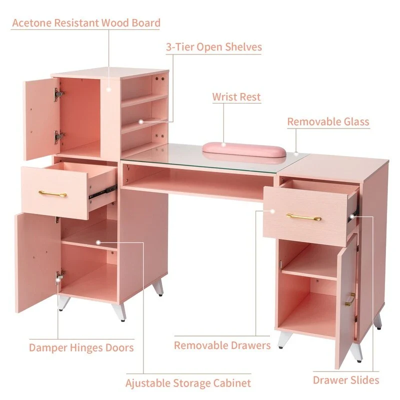 Embossed Particle Board Tempered Glass 55 W Manicure Table