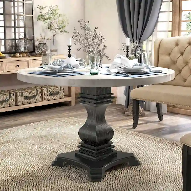 Brec Farmhouse Marble Top 5-Piece Round Dining Table Set with Tufted Chairs by