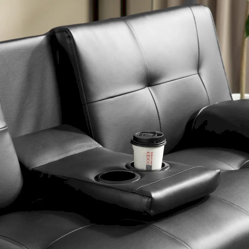 PU Upholstered Modern Convertible Folding Futon Sofa Bed Removable Armrests, Metal Legs, with 2 Cupholders