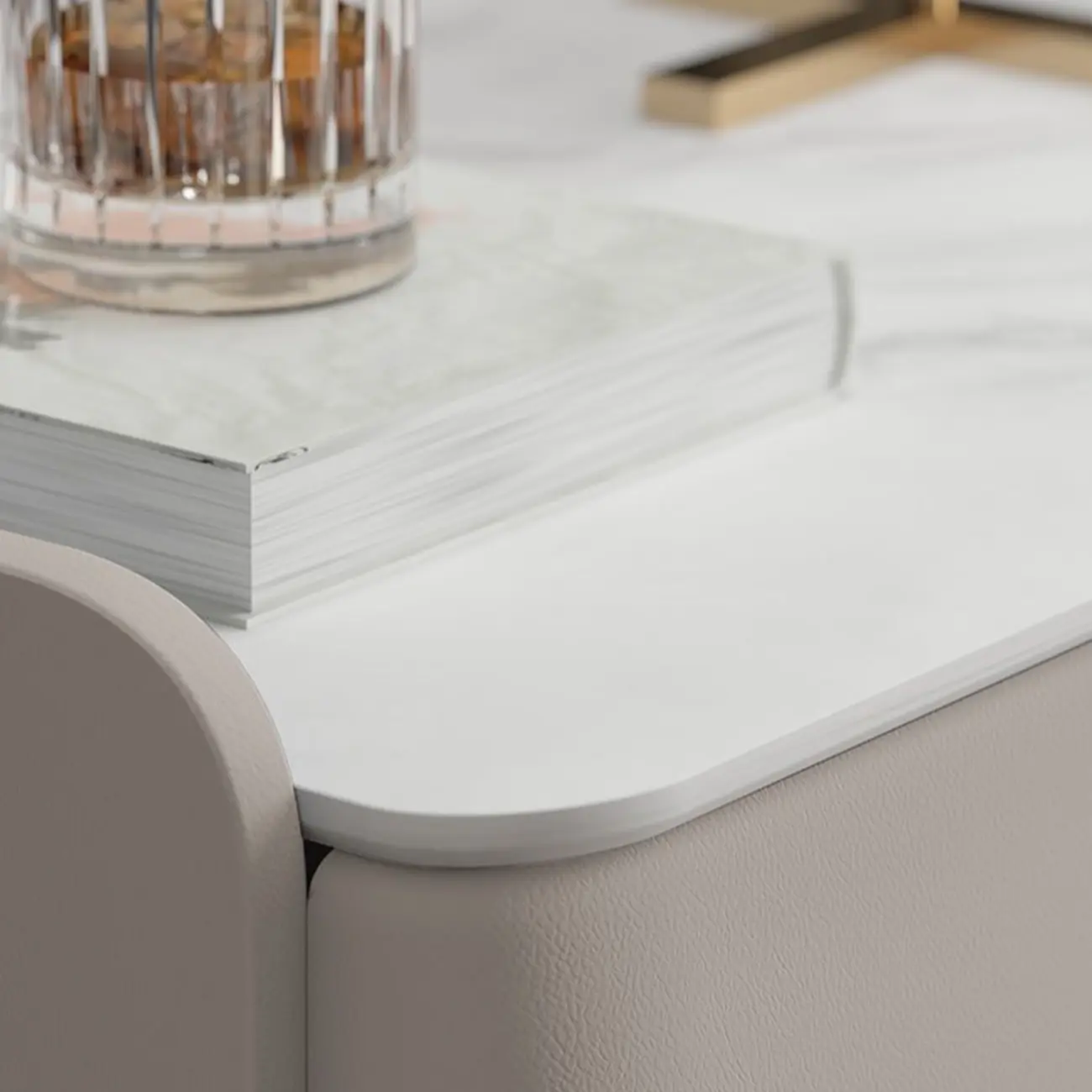 Modern Leather Stone Top Gold Accents 3-Drawer Nightstand