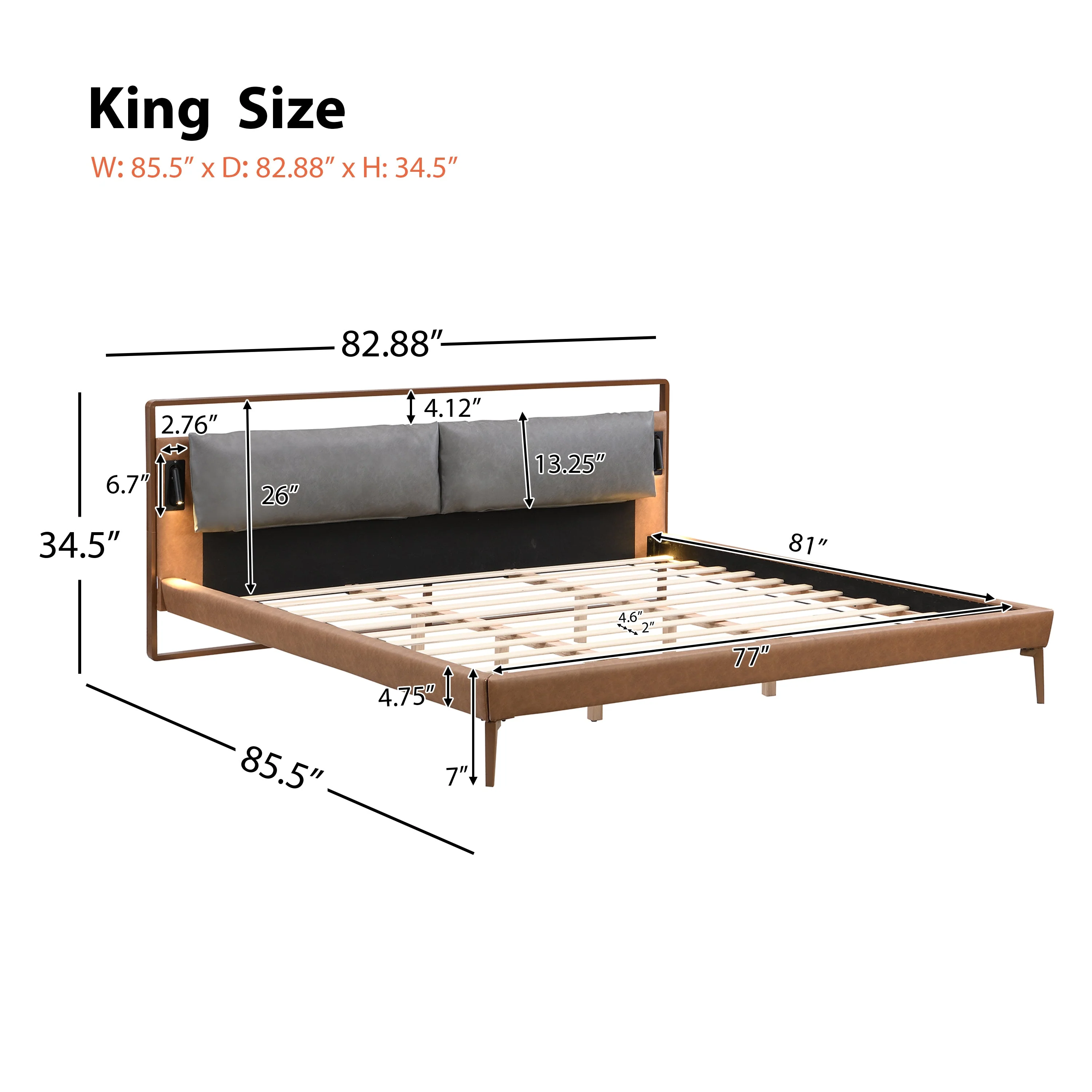Faux Leather Upholstered King Bedframe with Night Lights