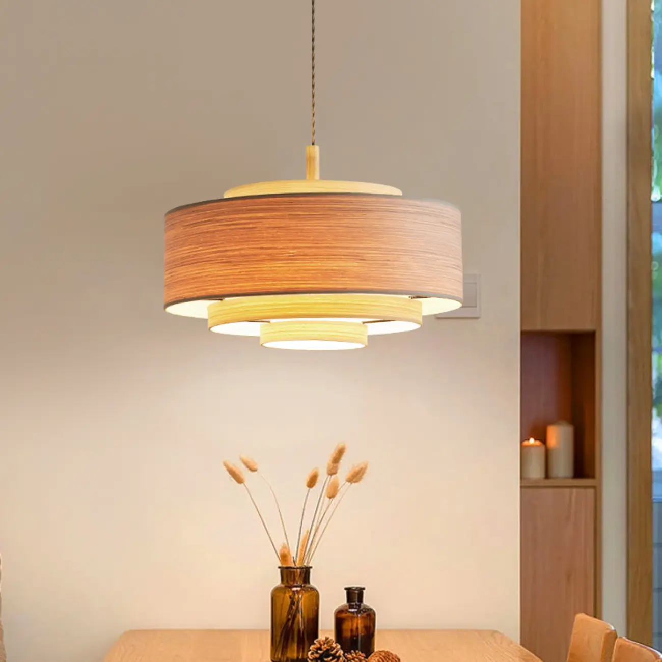 3 Tiers Solid Wood Pendant Lighting Adjustable Height