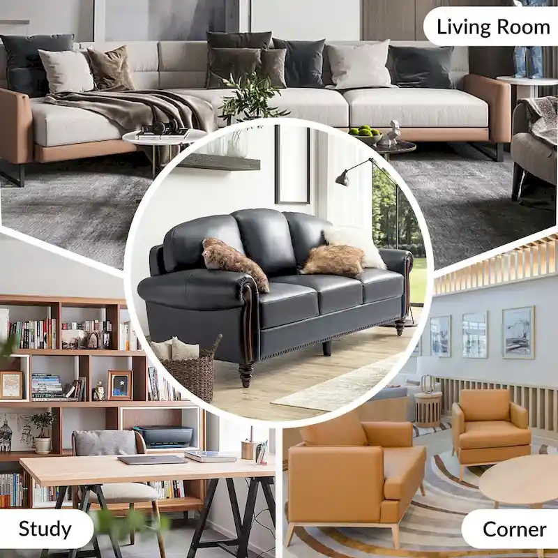 84 Traditional Genuine Leather Sofa with Carved Wood Legs