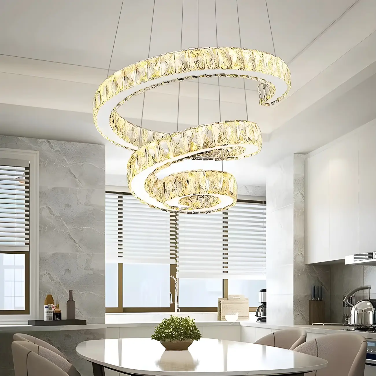 Modern Steel Linear Spiral Crystal LED Suspension Chandelier for Dining Room