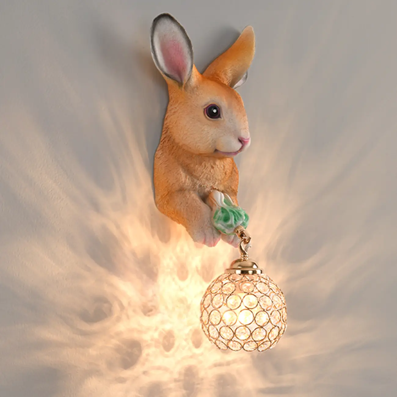 Kids Rabbit-Shaped Resin Wall Sconce with Crystal Shade