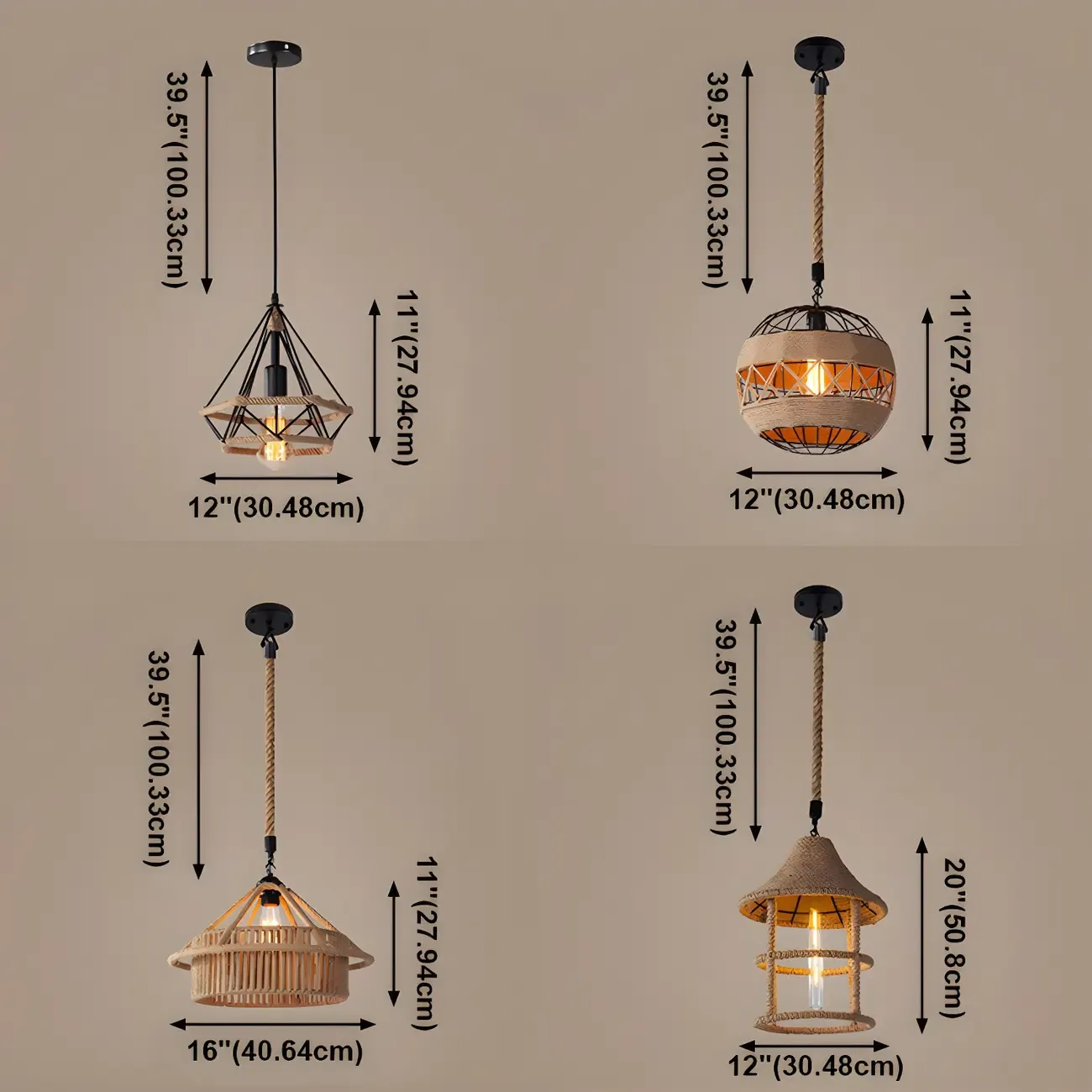 Industrial Rattan Black Metal Hemp Rope Pendant Light