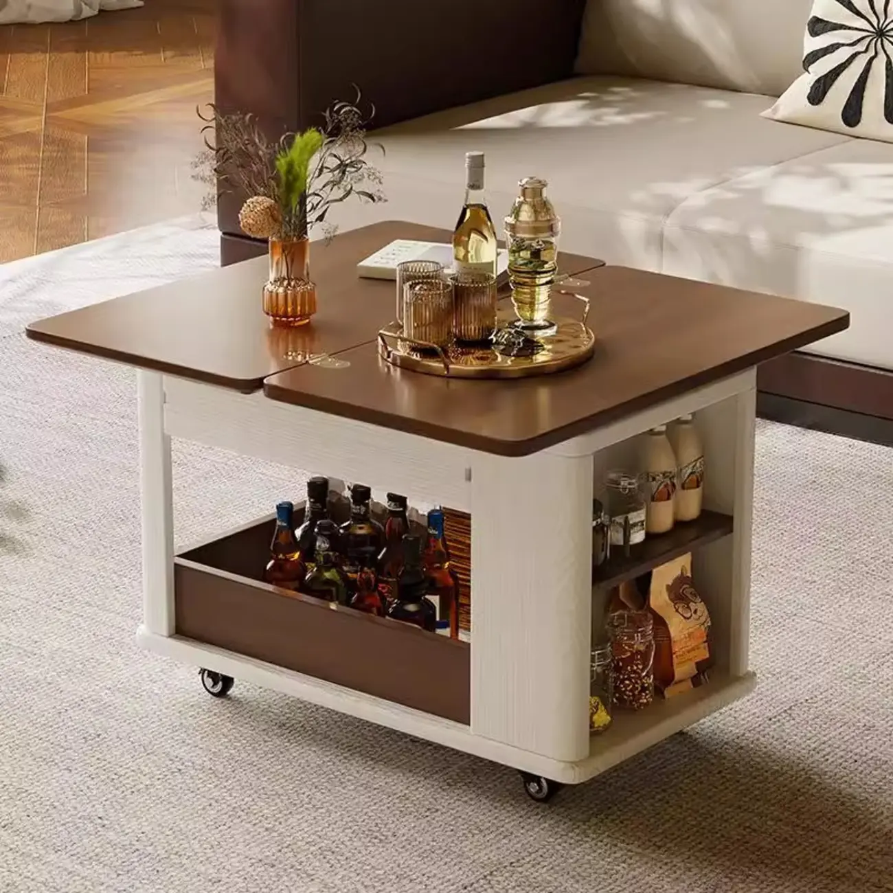 Multi-functional Wood Rolling Side Table Foldable Table Top