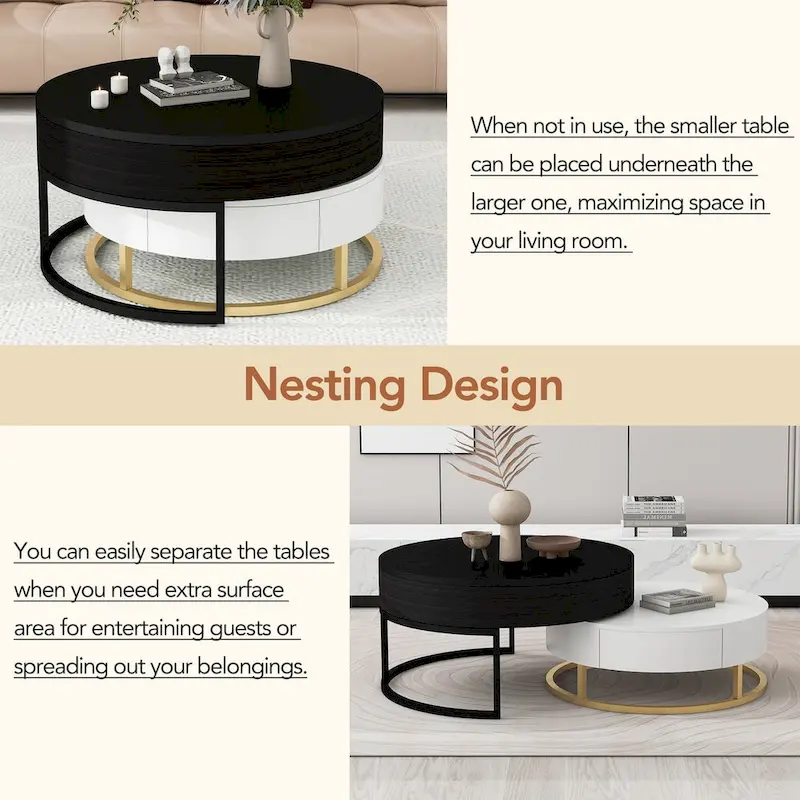 Modern Round Lift-Top Nesting Coffee Tables with 2 Drawers, Hydraulic Mechanism, MDF, White & Black