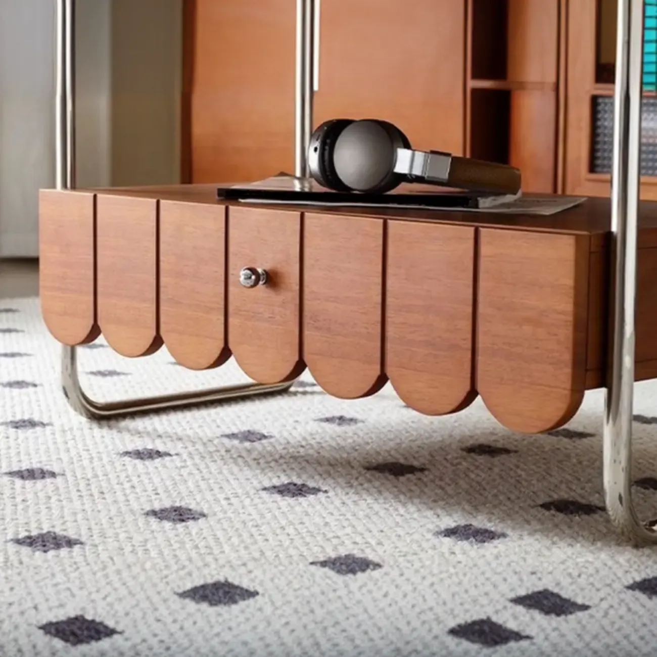 Oval Modern Wood Metal Sled Base Coffee Table