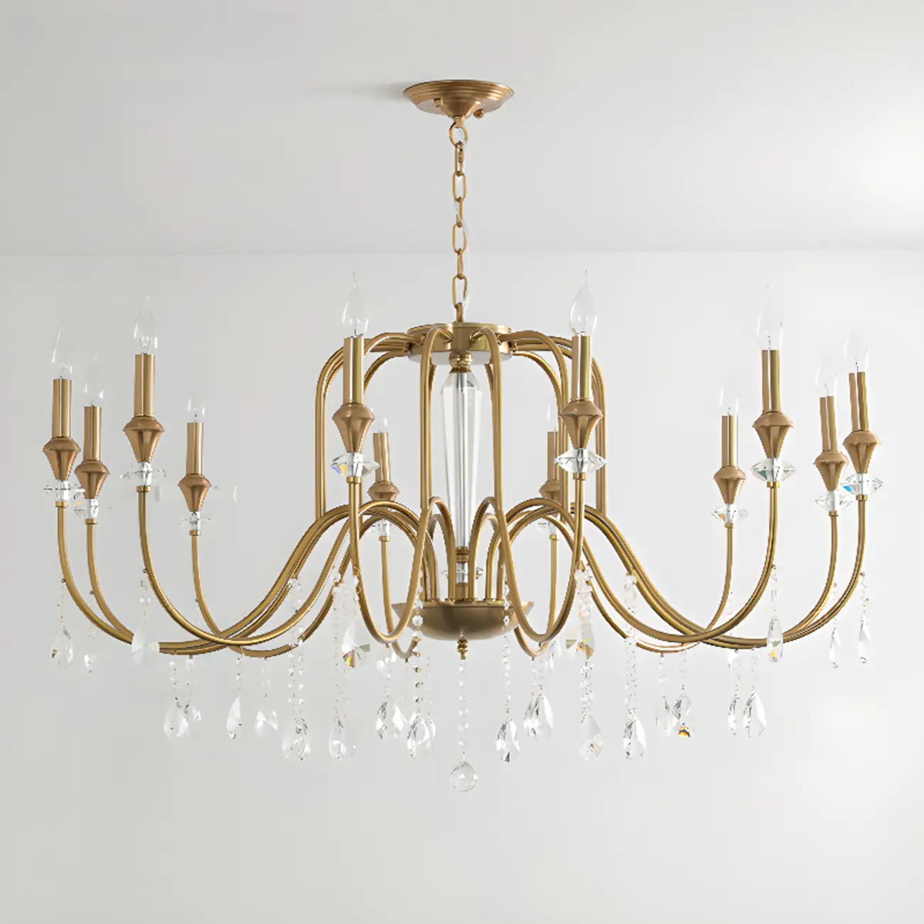 Mid-Century Modern Metallic Alloy Candle Chandelier with Crystal