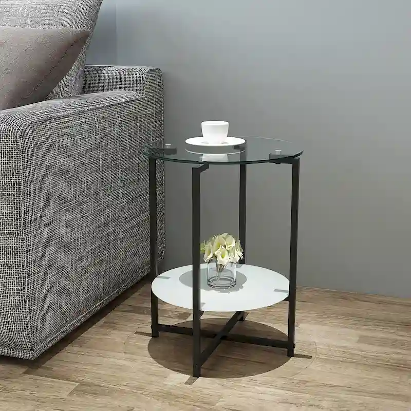 2-layer Round Tempered Glass End Table/Coffee Table with Iron Frame