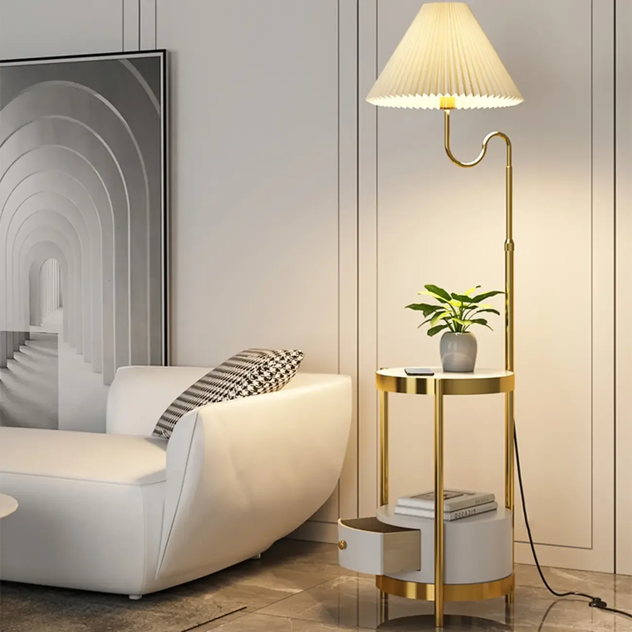 Modern Gold Linear Floor Lamp with Shelf & Pleated Shade