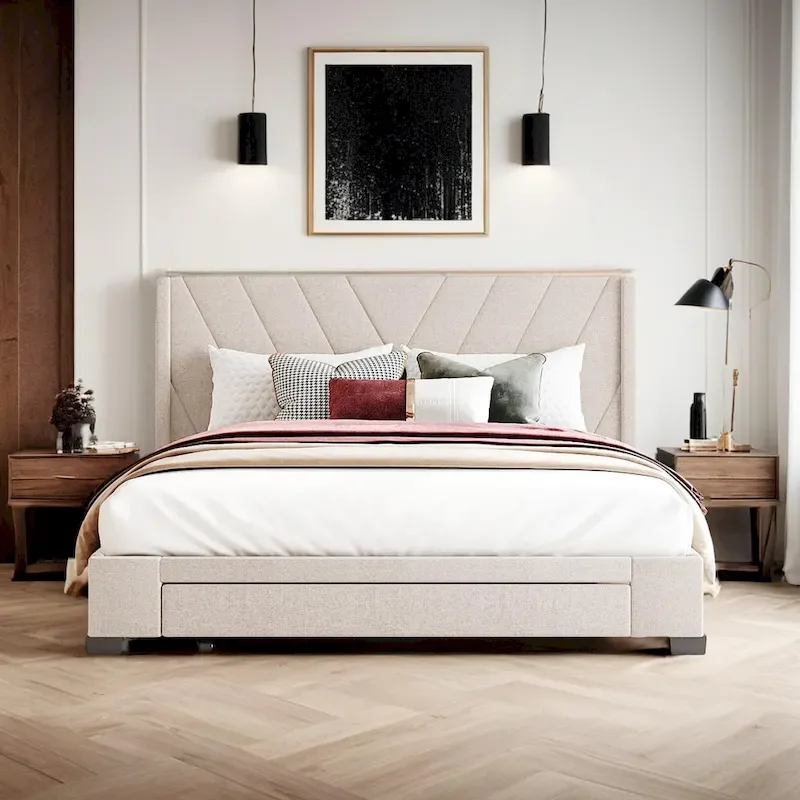 Queen Size Storage Bed Linen Upholstered Platform Bed with 3 Drawers