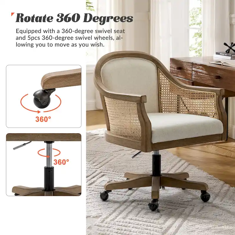 Farmhouse-Style Rattan Office Chair — 360° Swivel, Adjustable Height, Rubberwood Construction