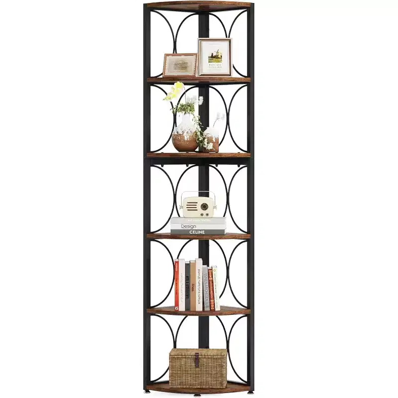 Lantine 66.92 inch Tall Corner Shelf, 6 Tier Rustic Corner Bookshelf Bookcase Storage Rack