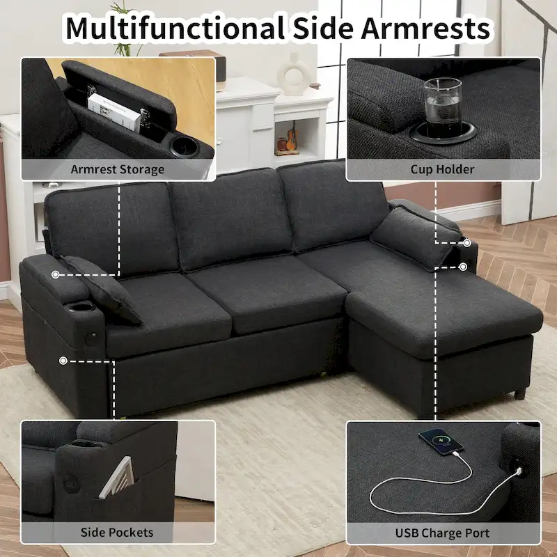 80 L-Shaped Sofa Couch Bed, Sofa Sleeper with Pull Out Bed, Reversible Sleeper Sofa Bed