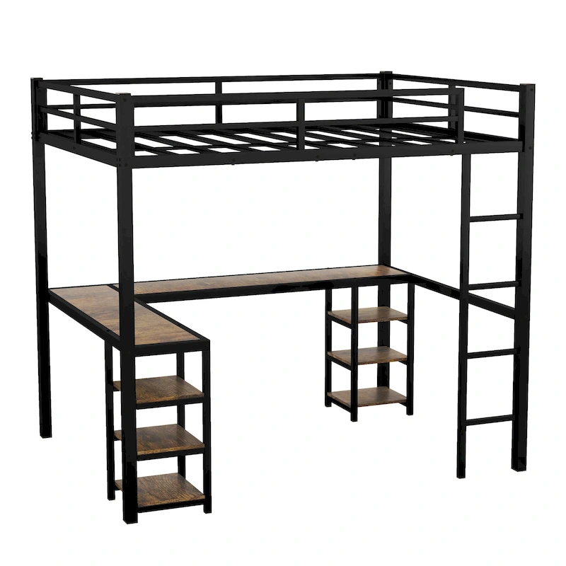 Twin XL Metal Loft Bed with Desk and Shelves