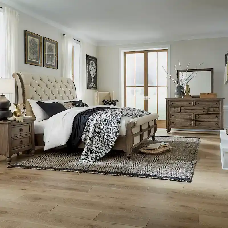 Americana Farmhouse Sleigh Bed, Dresser, Mirror, and Nightstand Bedroom Set
