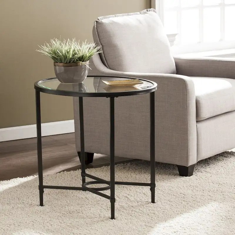 Metal Scrollwork Oval Side Table with Beveled Tempered Glass
