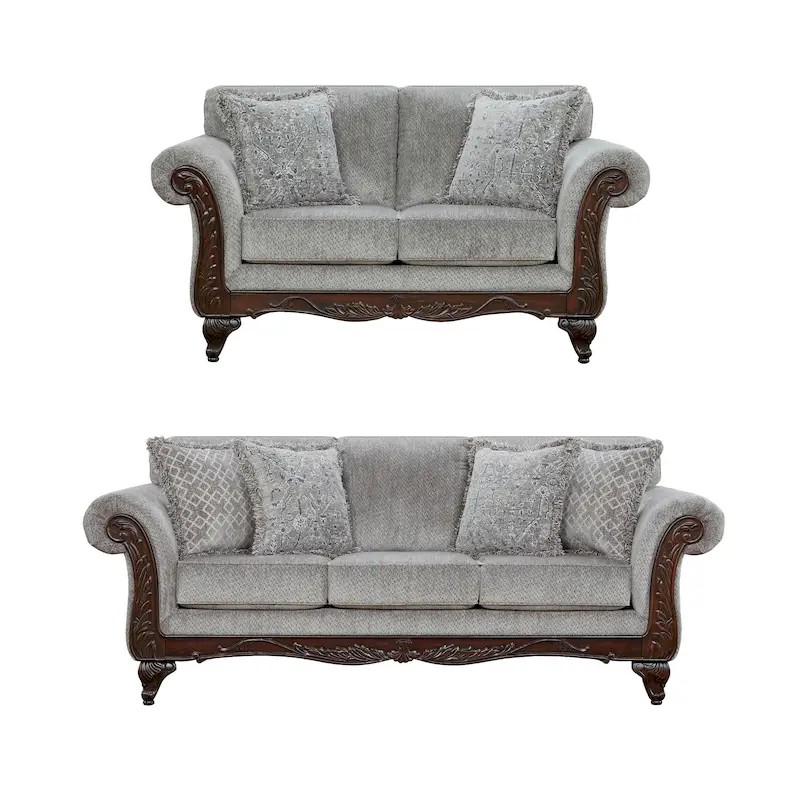 Roundhill Furniture Hernen 2-Piece Carved Wood Frame Living Room Set