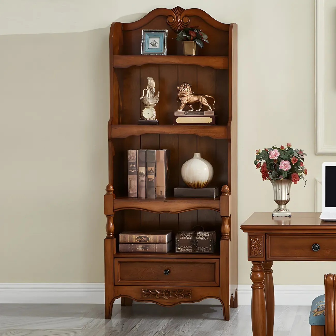 Traditional Wood 3-Shelf Brown Bookcase with Drawer