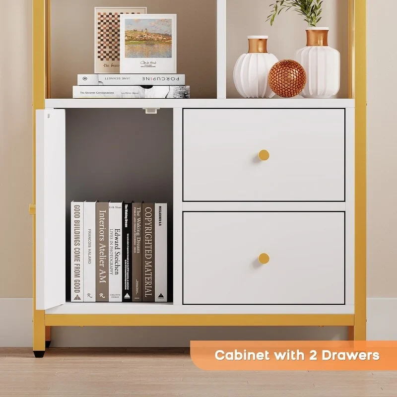 Yellow & Gold Finish Modern Bookshelf with Cabinet & 2 Drawers, Staggered Shelves