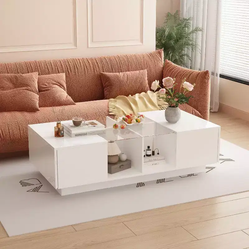 Famapy White High-Gloss LED Coffee Table  Multi-Zone Storage with Drawer & Open Compartments