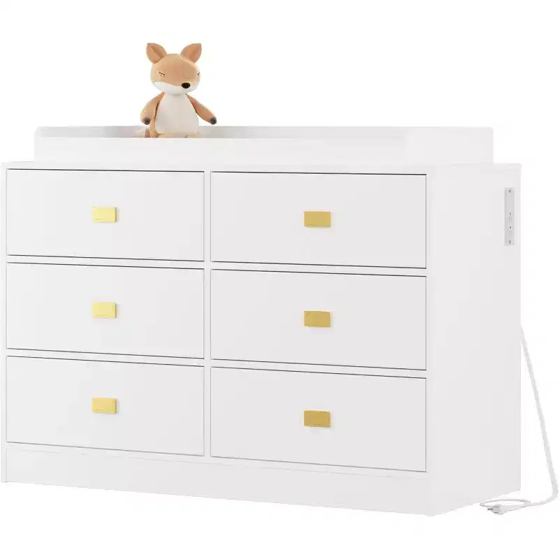 Dresser for Bedroom with 6 Drawers, Changing Table Dresser, Soft Pad & Removable Top, Baby Dressers with Changing Table Top for Nursery, White