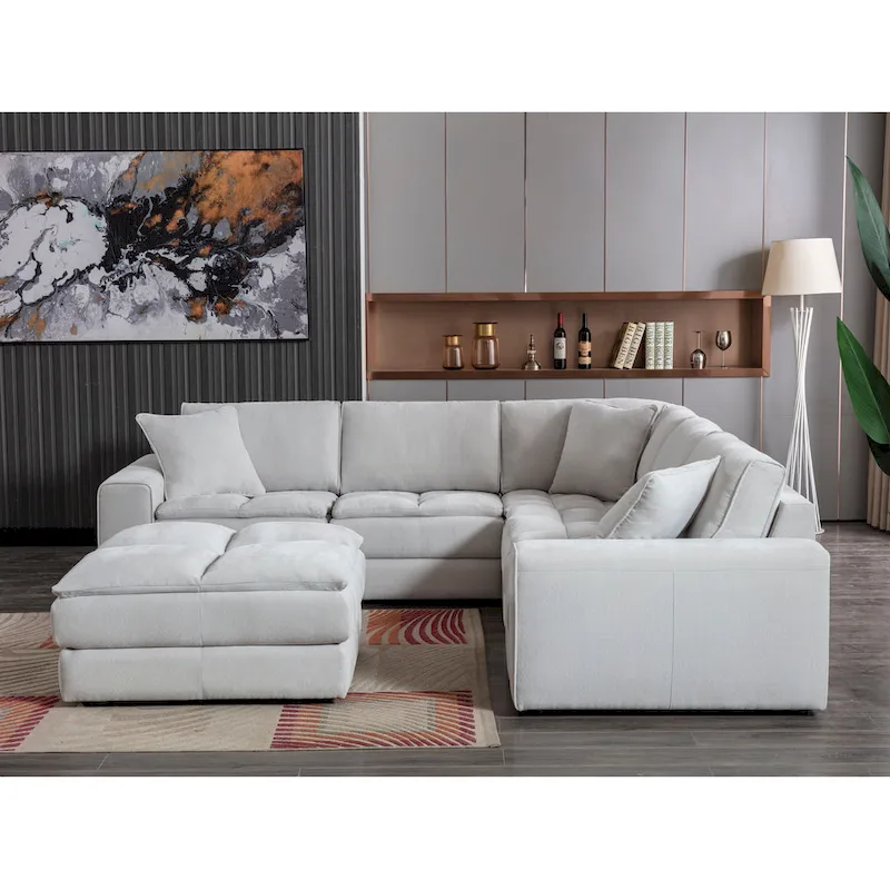 Roundhill Furniture Breton Contemporary Fabric Tufted Modular Sectional Sofa with Ottoman, Oyster