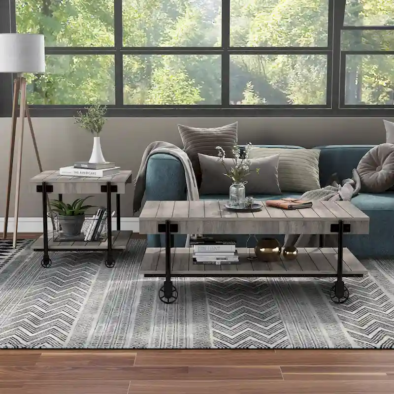 Farmhouse Steel 2-Piece Coffee Table Set with Shelf