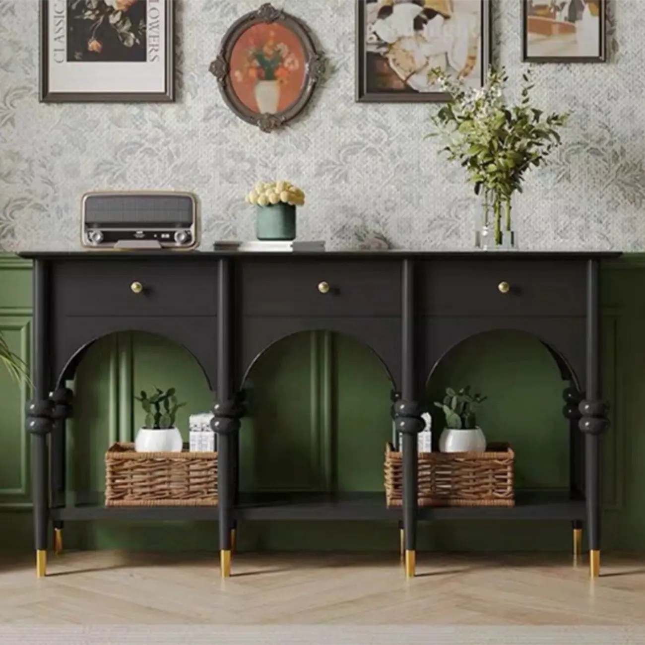 Rectangular Black Wood Console Table with Drawers