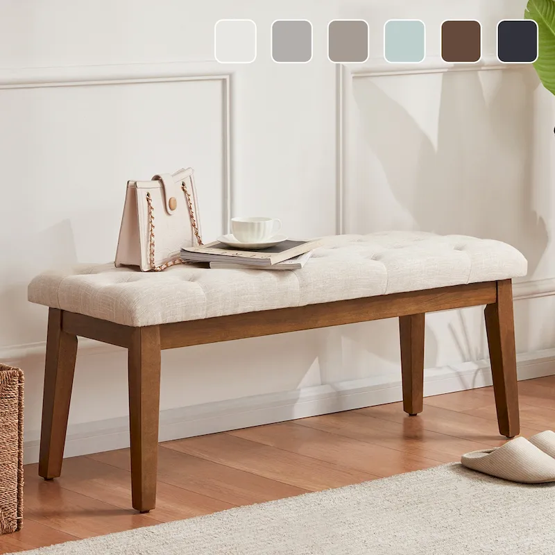 Button-Tufted Bench for End of Bed, Entryway Bench Beige/ Black/ Brown Solid Wood, Leather, Fabric 44-inch