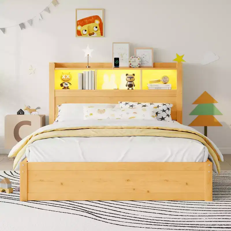 Modern Wood Platform Bed with Storage Drawers & LED Headboard, Natural/White, Twin/Full, 1-Person