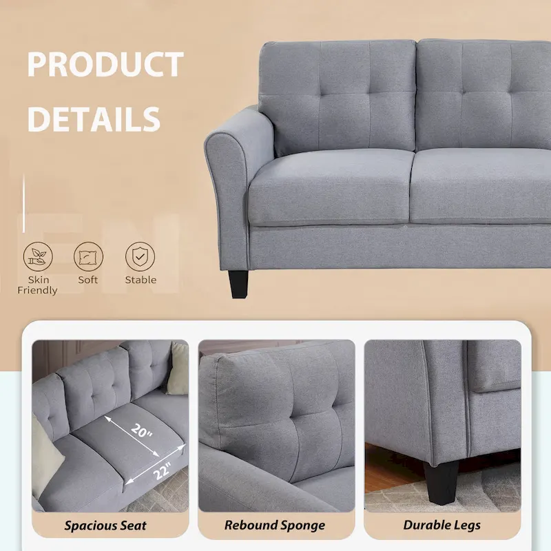 Grey Linen Upholstered Couch Sofa - 30.00 x 79.90 x 34.50