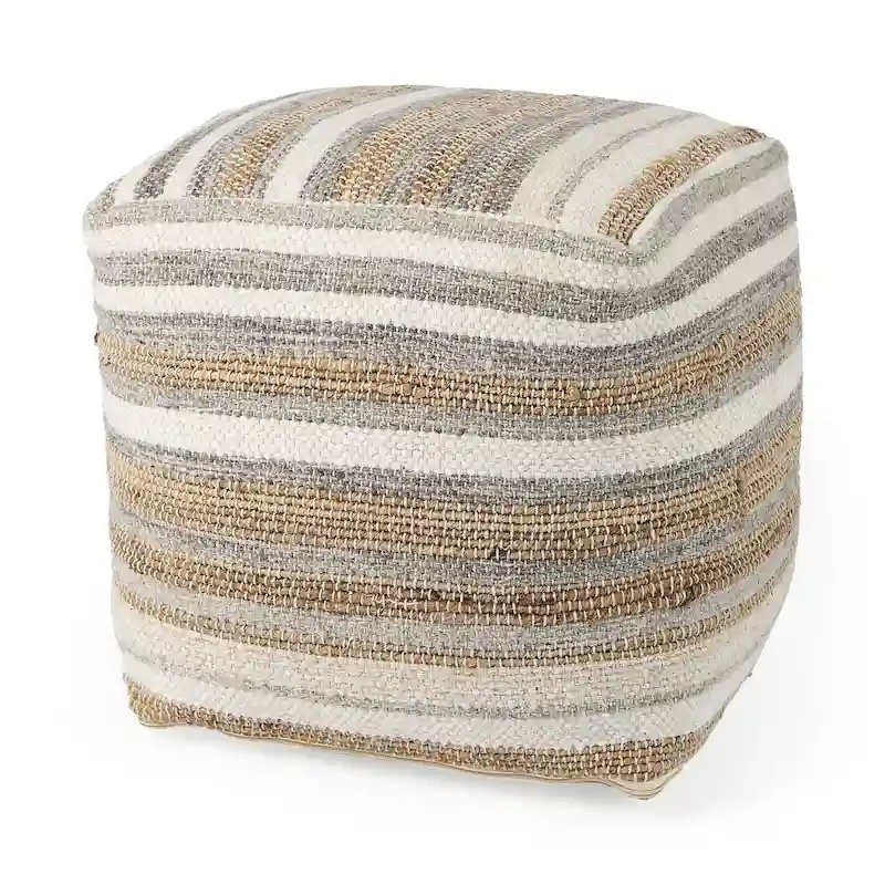 Aahana Multi-Colored Striped Hemp and Cotton Square Pouf