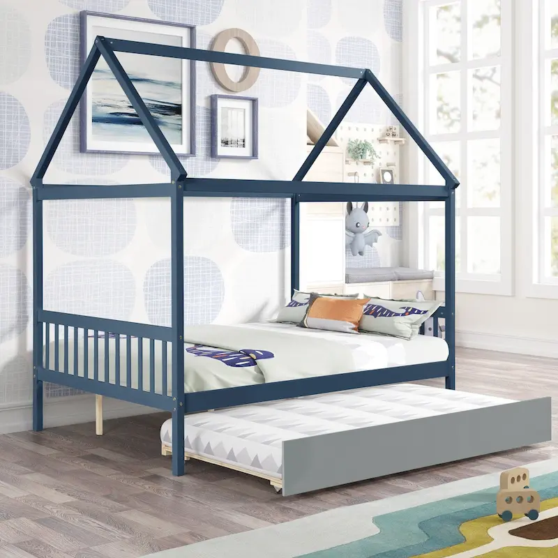 Navy Blue House FullL Bed With Trundle of Grey Color