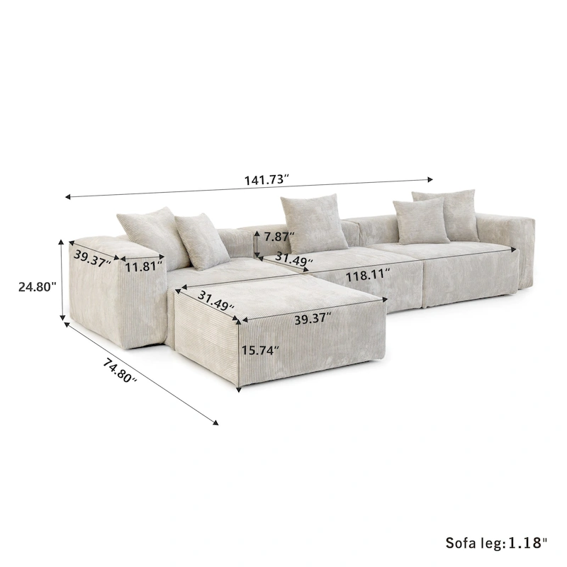 L Shaped Modern Sectional Couch Sofa with 5 Pillows and Chaise Ottoman, Cushion Covers Removable