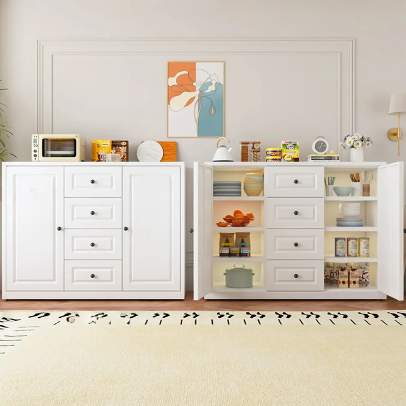 Narrow Metal White Buffet Cabinet with Drawer