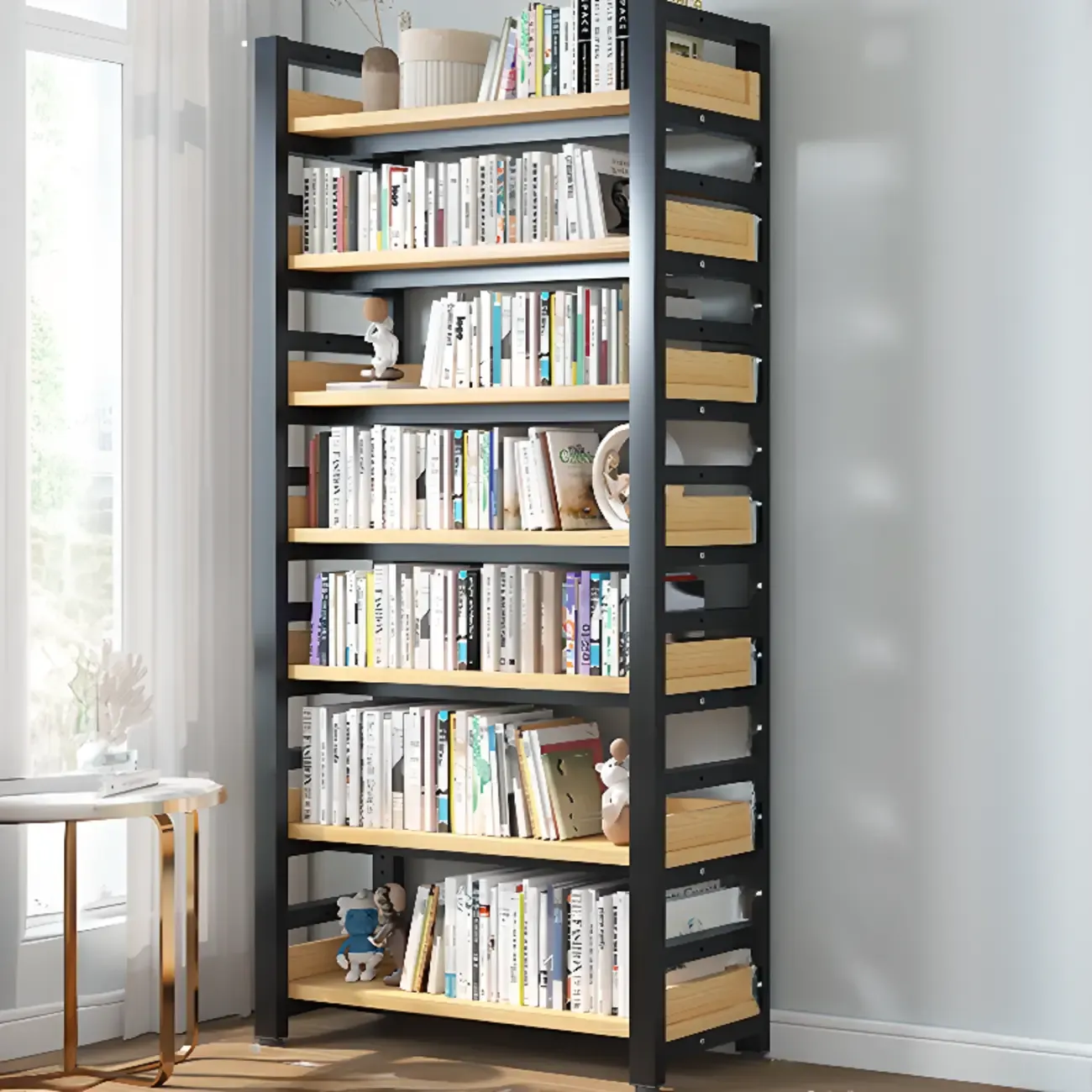 Freestanding Simple Multi-Layer Wood Bookshelf in Steel Frame