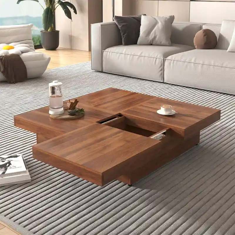 Square Marble Veneer Coffee Table Sliding Top with Storage by Harper&Bright Designs