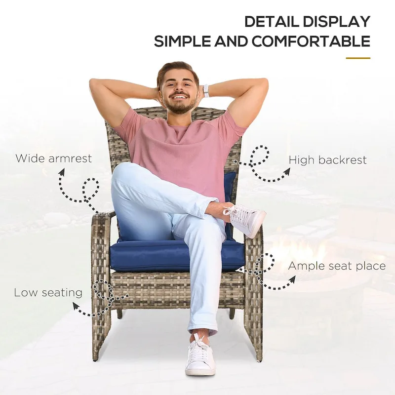 Patio Wicker Adirondack Chair, All-Weather Rattan Fire Pit Chair Soft Cushions, Tall Curved Backrest and Armrests