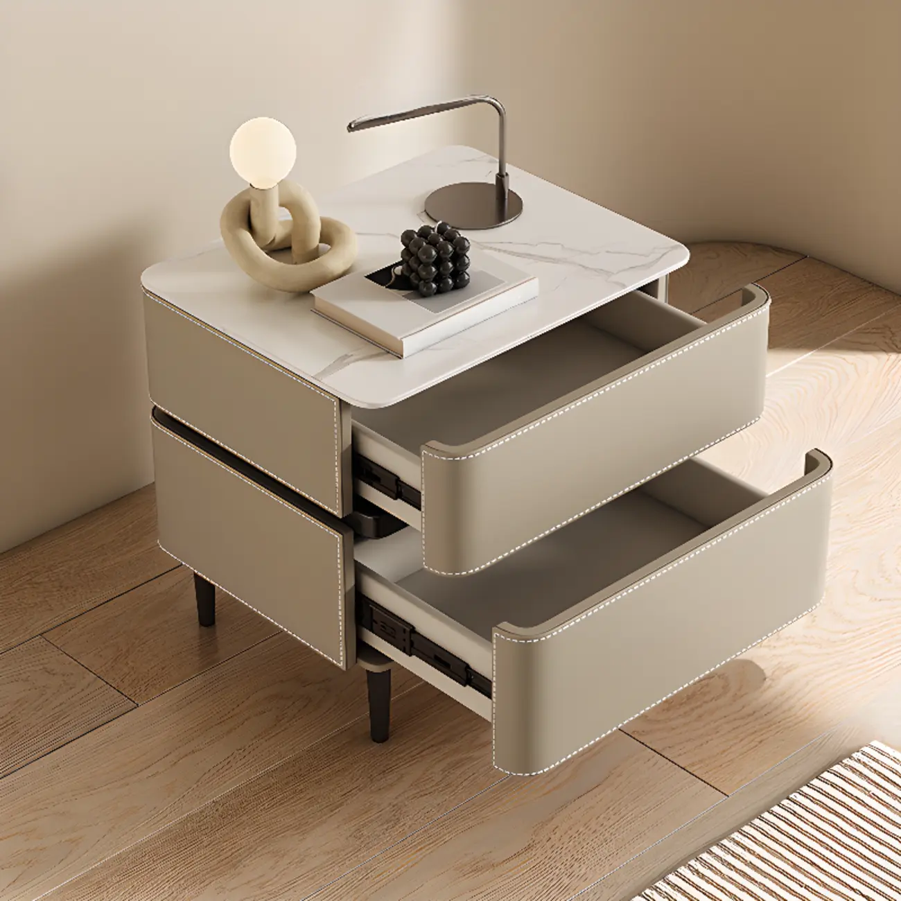 Modern Faux Marble Top Leather Rounded 2-Drawer Nightstand