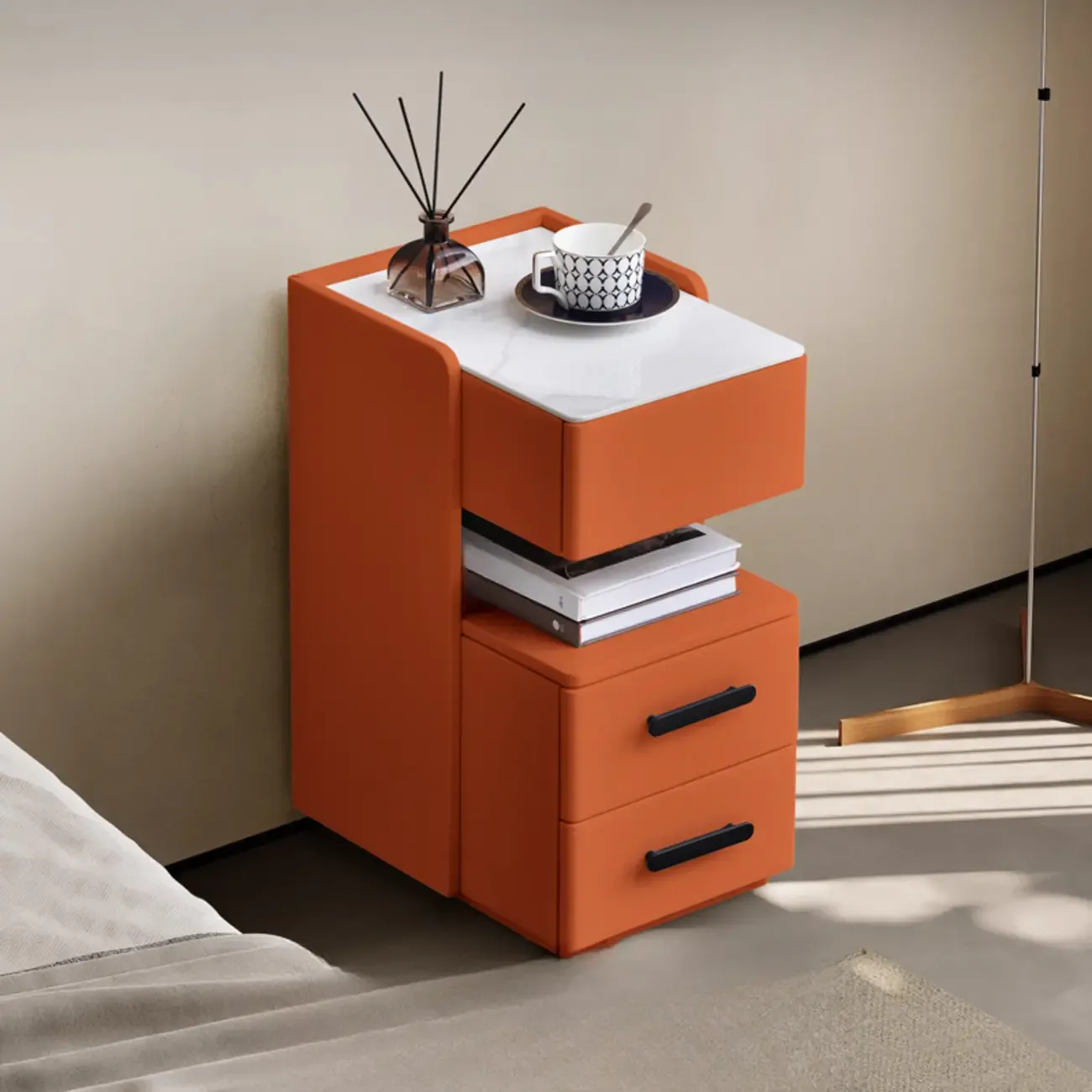 Compact Stone-Top Wooden 4-Tier White Nightstand