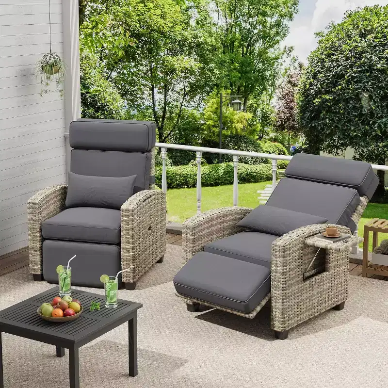 Outdoor Recliner Chair, Rattan Patio Recliner with Air Pump, Adjustable Backrest & Footrest, 150 Lay Flat, Wicker Lounge Recliner Patio Chair , Grey