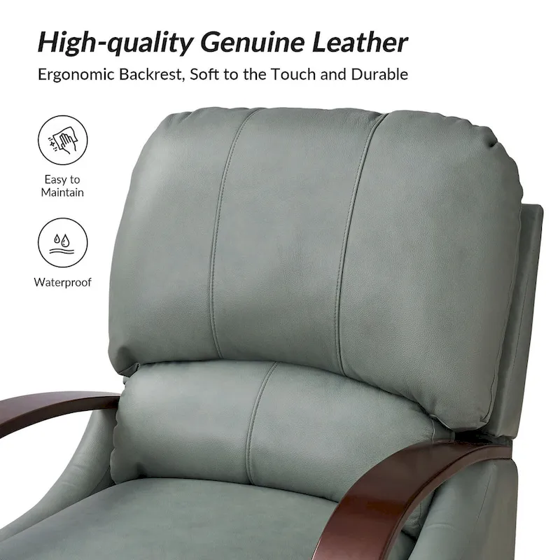 Alex Mid-century Modern Cigar Genuine Leather Manual Recliner with Wooden Curved Arms
