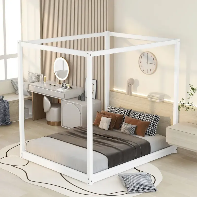 Modern Low Canopy Platform Bed, Wooden Canopy Bed Frame with Support Legs, for Kids Teens Adults, No Box Spring Needed