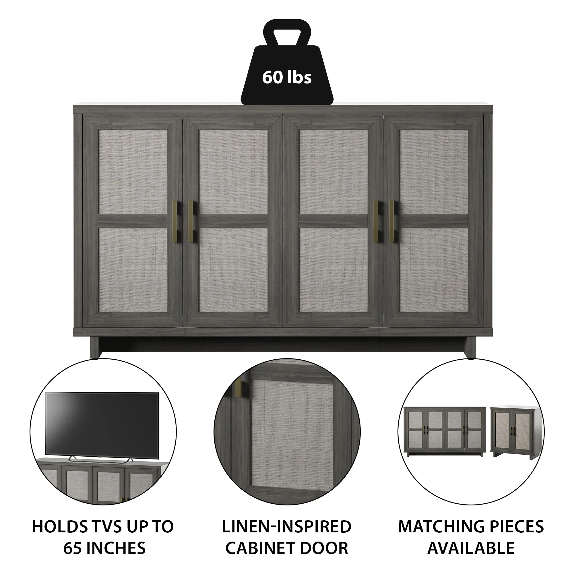 Boho Coastal Linen Design Buffet Sideboard with Shelving Storage