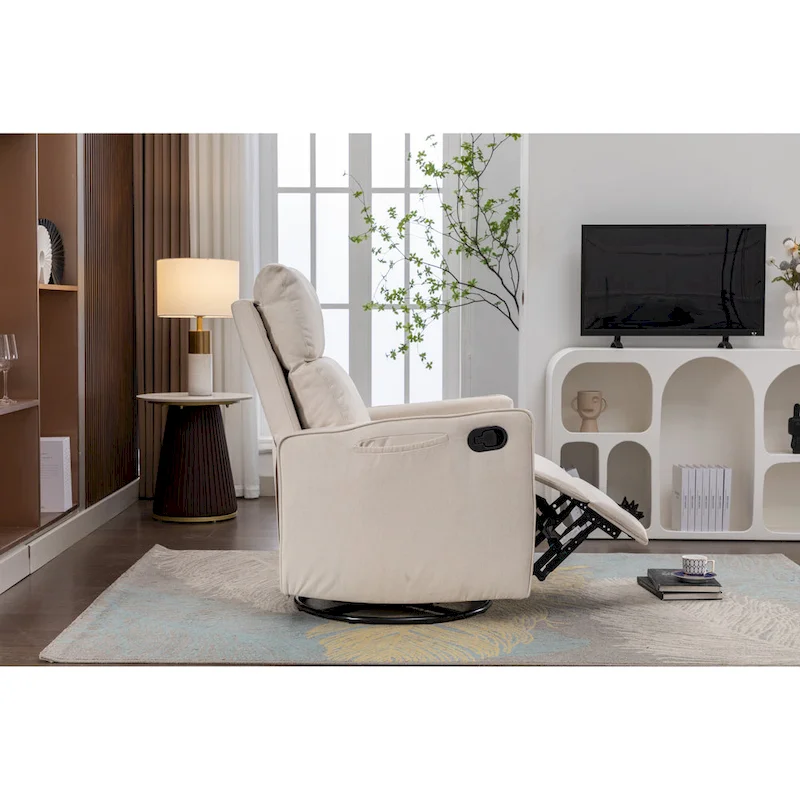 Cotton Linen Fabric Swivel Rocking Chair Glider Rocker Recliner Nursery Chair with Adjustable Back and Footrest