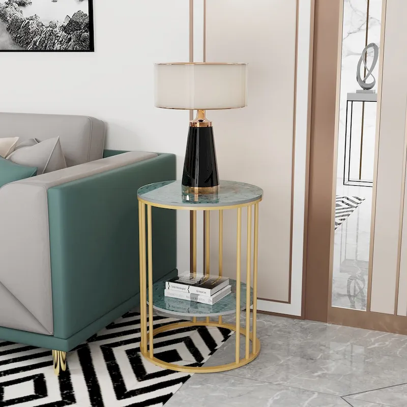 End Table 2-Tier Round Side Accent Table with Sintered Stone Tabletop - 15.7x15.7x21.3 inch